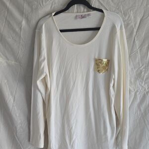 Quacker Factory Cream Long Sleeve Tee with Gold Pocket